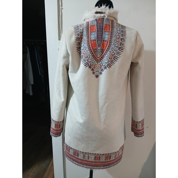 Billabong Womens Boho Faux Suede Tribal Print Faux Fur Trim Toggle Coat Cream S - Picture 6 of 11